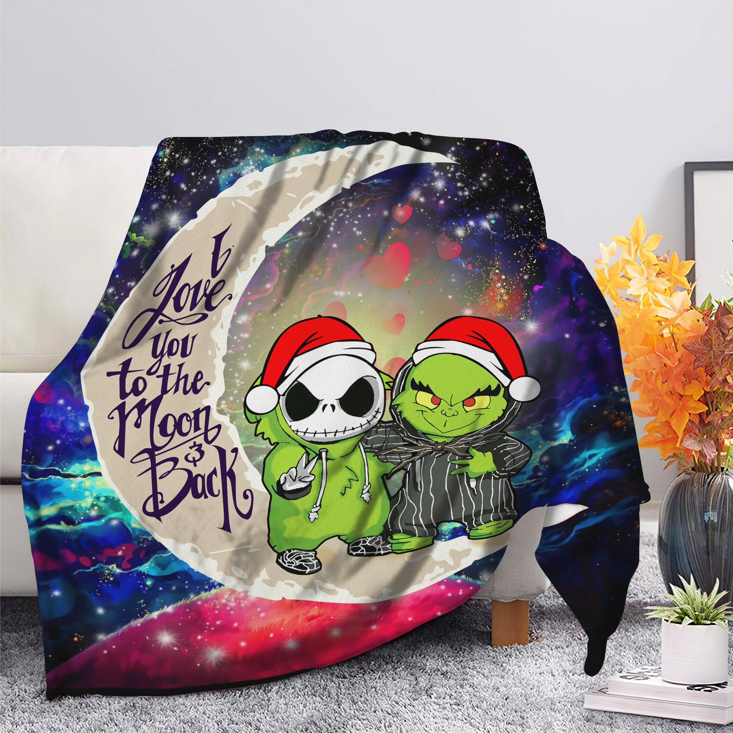 Anime Grinch And Jack Nightmare Before Christmas Love You To The Moon Galaxy Fleece Sherpa Blanket