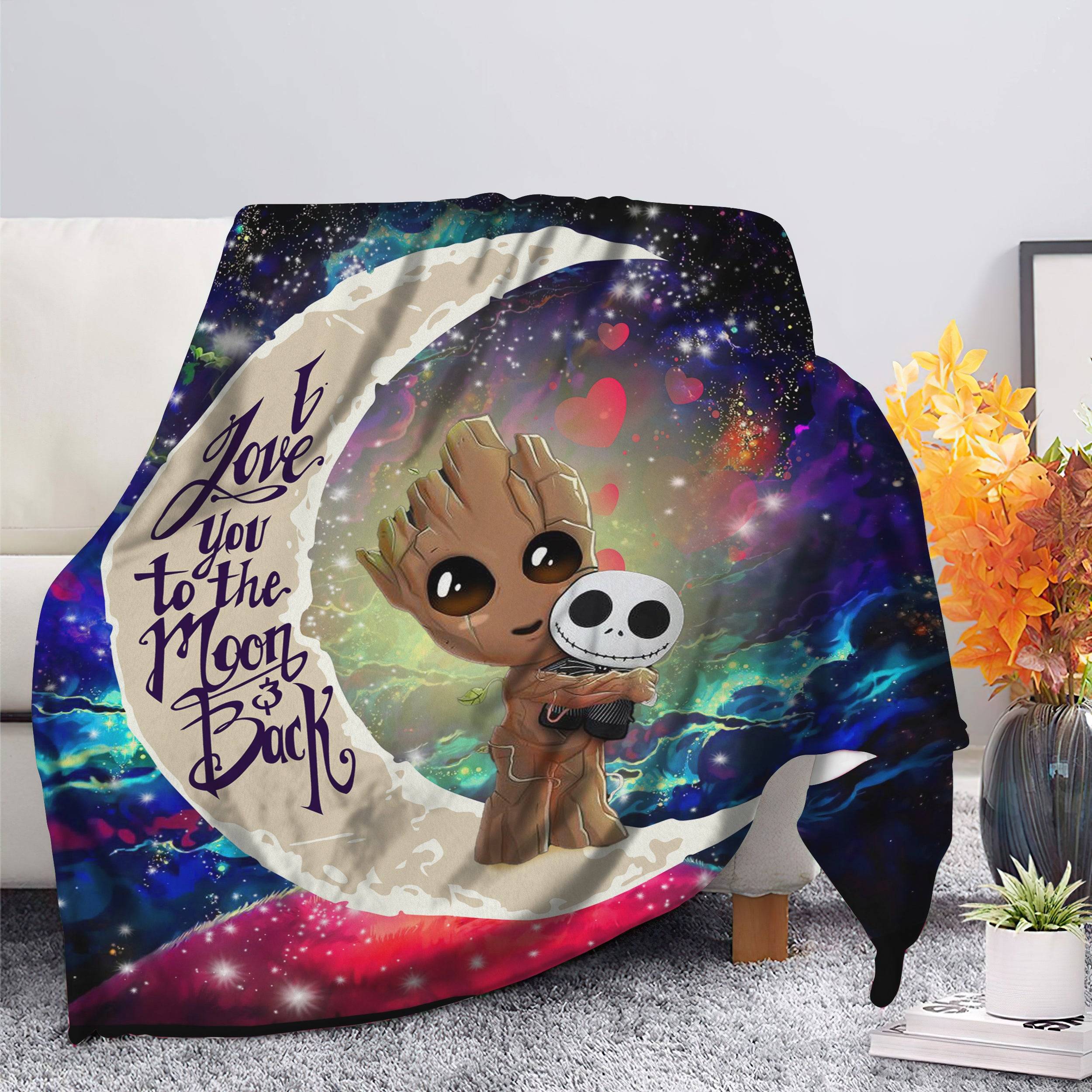 Anime Groot Hold Jack Skelington Love You To The Moon Galaxy Fleece Sherpa Blanket Perfect Gifts For Family On Christmas