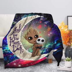Anime Groot Hold Jack Skelington Love You To The Moon Galaxy Fleece Sherpa Blanket Perfect Gifts For Family On Christmas