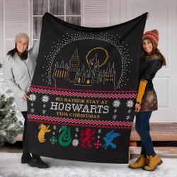 Movie Harry Potter Rd Rather Stay At Hogwarts Ugly Christmas Custom Fleece Sherpa Blanket Home Decor