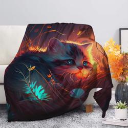 Animal Kitten Bedded Down In The Grass Safe And Cozy Fireflies Moonlight Premium Fleece Sherpa Blanket
