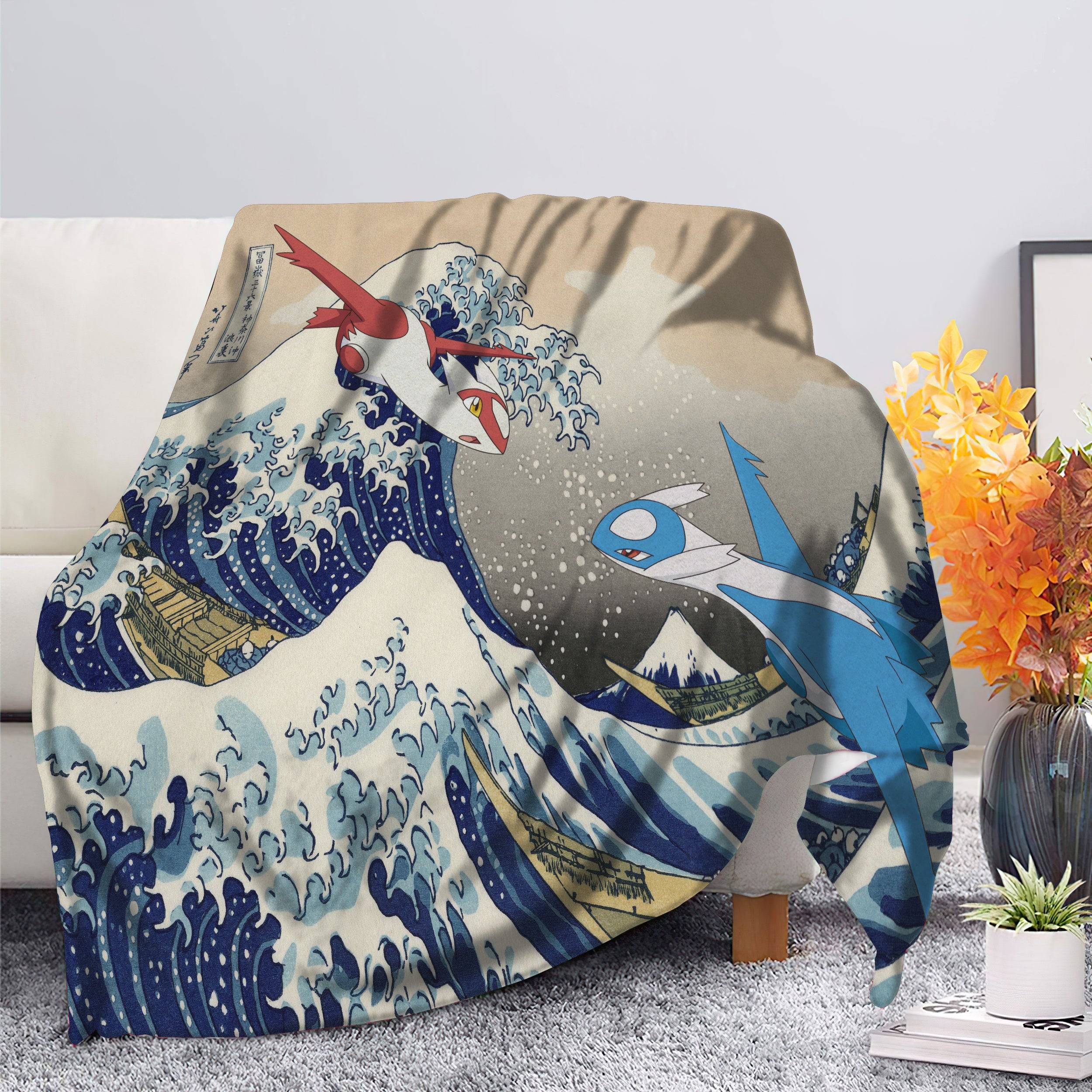 Anime Latios vs Latias Pokemon The Great Wave Premium Fleece Sherpa Blanket Perfect Gifts For Family On Christmas