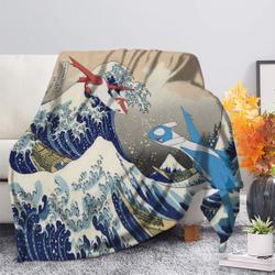 Anime Latios vs Latias Pokemon The Great Wave Premium Fleece Sherpa Blanket Perfect Gifts For Family On Christmas