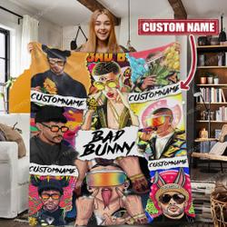 Music Personalized Bad Bunny Fleece Sherpa Blanket Perfect And Unique Gifts For Family On Christmas