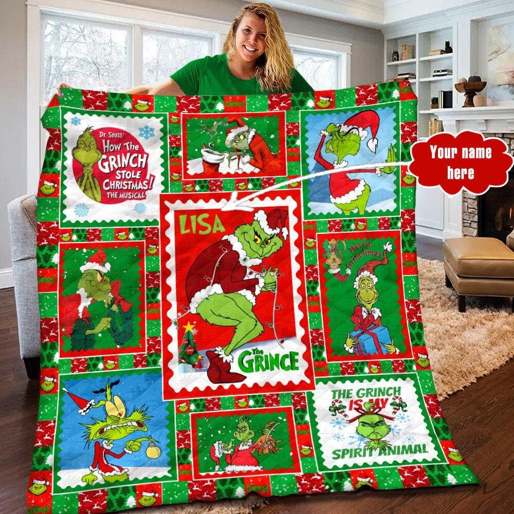 Anime Personalized Dr. Seuss The Grinch Quilt Fleece Sherpa Blanket Gifts For Kids Perfect Gifts For Family On Christmas