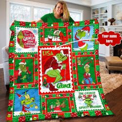 Anime Personalized Dr. Seuss The Grinch Quilt Fleece Sherpa Blanket Gifts For Kids Perfect Gifts For Family On Christmas