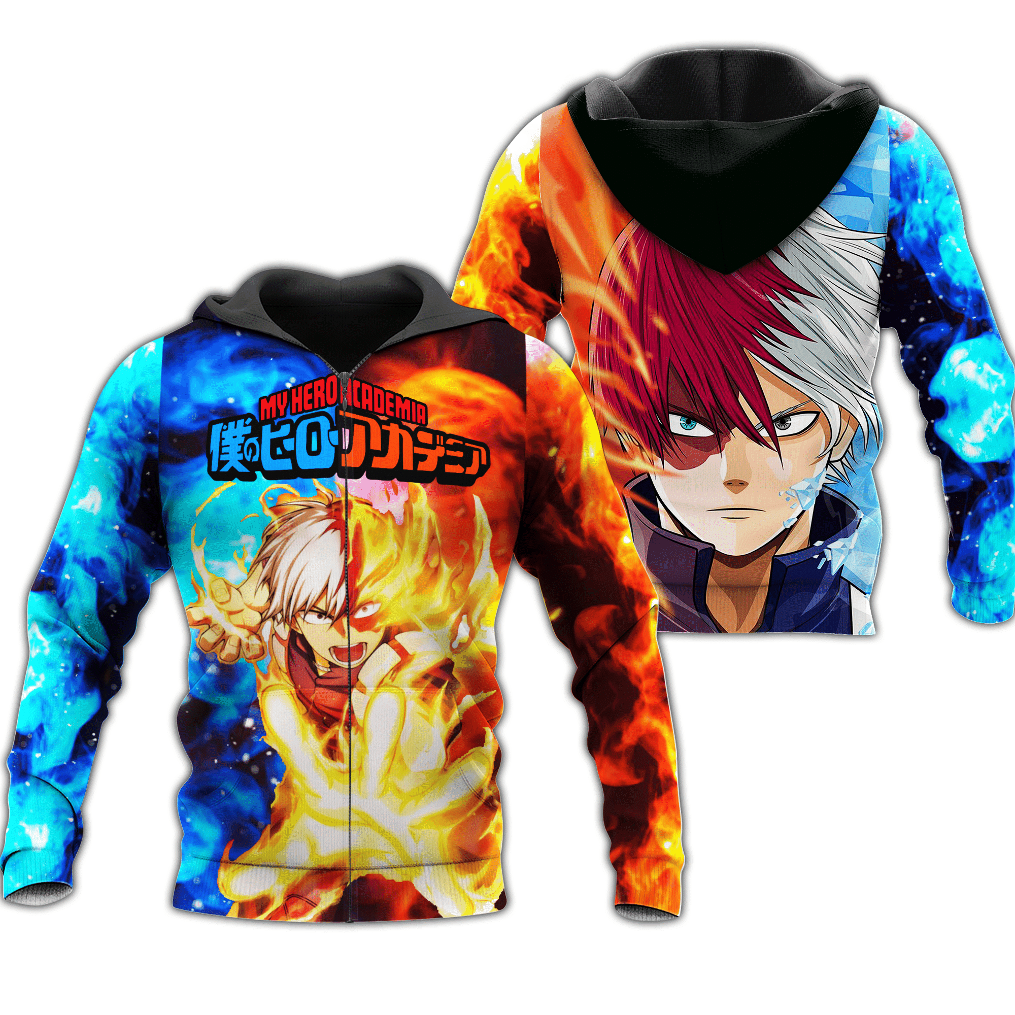 Anime Shoto Todoroki Zip Hoodie Ice & Fire Custom Anime Shirt Perfect And Unique Gifts For Otaku Anime Fans On Christmas