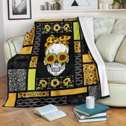 Skull Sunflower Premium Fleece Sherpa Blanket Perfect And Unique Gifts For Family On Christmas