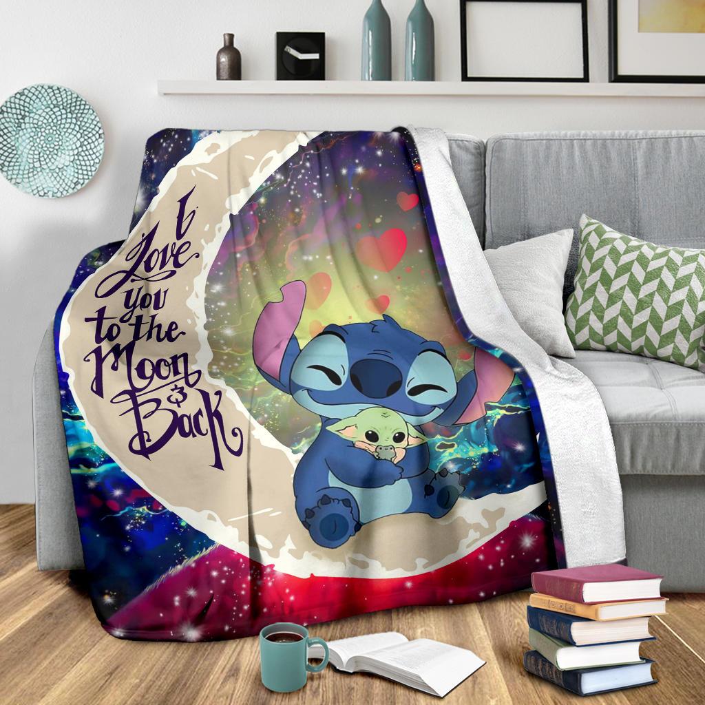 Anime Stitch Hold Baby Yoda Love You To The Moon Galaxy Premium Fleece Sherpa Blanket Perfect Gifts For Family On Christmas