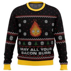 Studio Ghibli May All Your Bacon Burn Calcifer Ugly Christmas Sweater Perfect And Unique Gifts For Adults Kids On Christmas