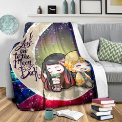 Anime Zenitsu And Nezuko Chibi Demon Slayer Love You To The Moon Galaxy Premium Fleece Sherpa Blanket